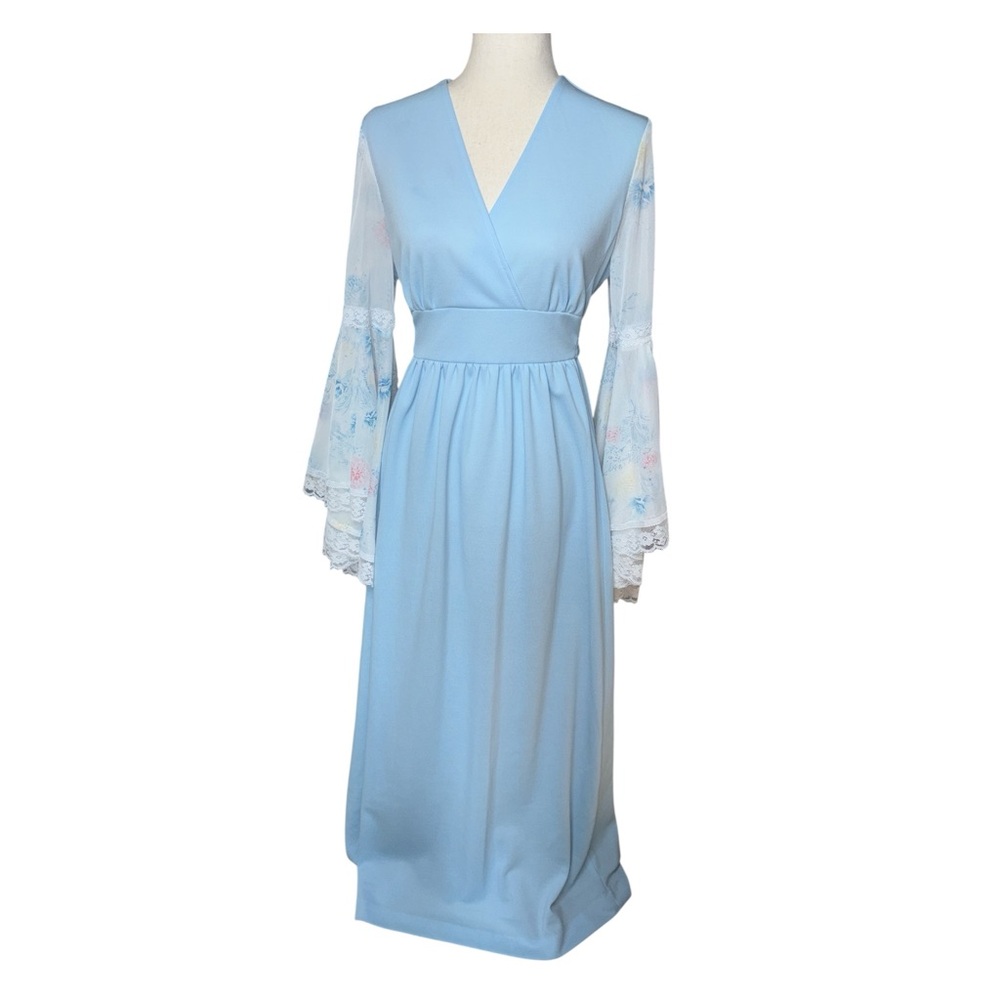 70’s Baby Blue Maxi Hostess Dress with Floral Bell Sleeves